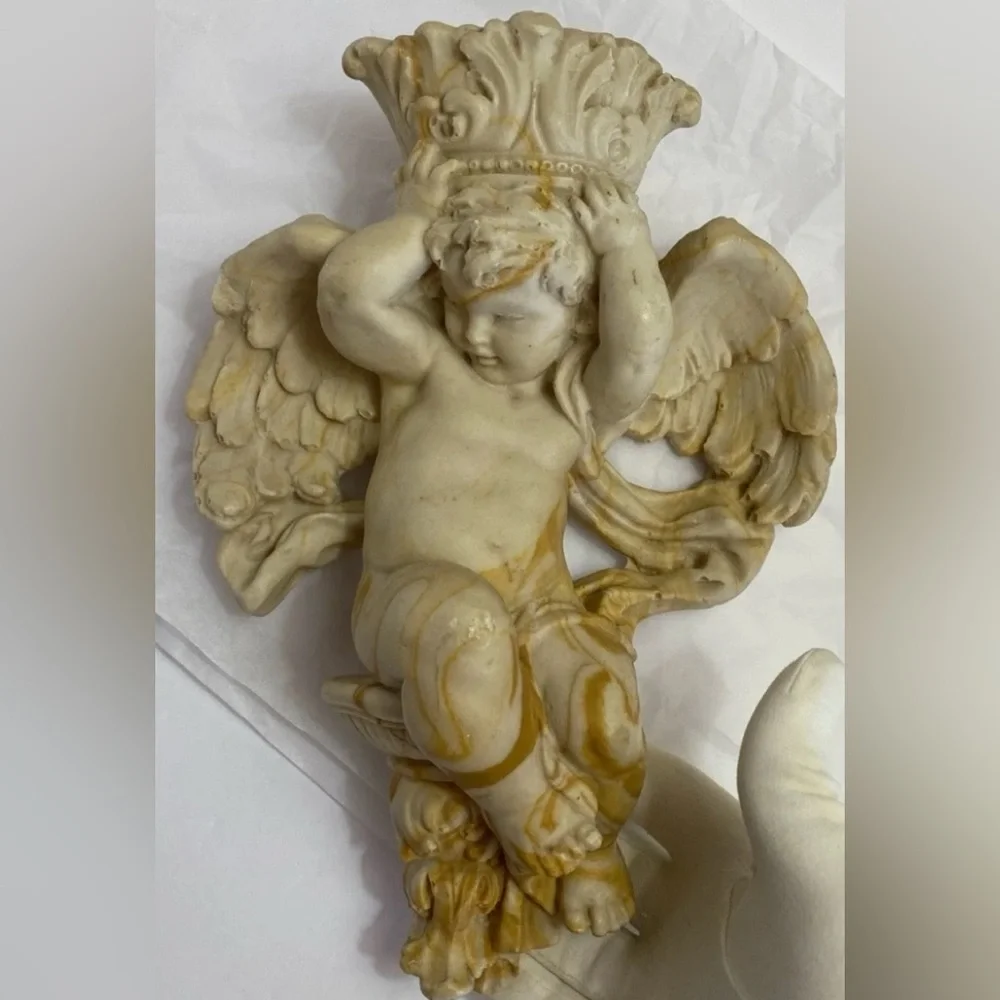 Heavy 10” Cherub Wall Candle Sconce Athena Marble ~Old Hollywood ~1960s - 1990s - Picture 9 of 11